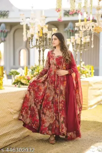 Flower Print Long Anarkali Kurti With Dupatta (No Bottom Wear)